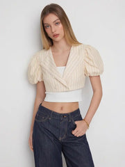 Cotton-blend Striped Puff Sleeve Crop Blouse