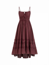 Cotton-blend Square Neck Plaid Lettuce Trim Tie Front Asymmetrical Hem Maxi Dress