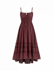 Cotton-blend Square Neck Plaid Lettuce Trim Tie Front Asymmetrical Hem Maxi Dress