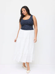 Cotton Mid Rise Embroidery Ruffle Maxi Skirt Curve & Plus
