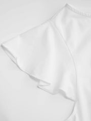 Cotton-blend Boat Neck Ruffle Sleeve Ruched Asymmetrical Hem Tee Curve & Plus