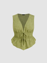 Cotton-blend V-neck Tie Front Shirred Blouse Curve & Plus