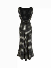 Mesh Polka Dot Cowl Neck Backless Mermaid Maxi Dress