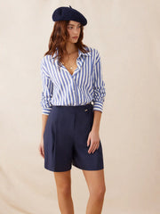 Linen-blend Long Sleeve Striped Color-Blocking Shirt Bodysuit