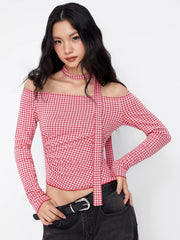 Gingham Off-shoulder Long Sleeve Ruched Asymmetrical Hem Top With Scarf