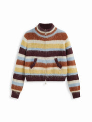 Knit Mohair-blend Stand Collar Striped Zip Through Cardigan