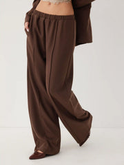 Mid Rise Elastic Waist Straight Leg Trousers
