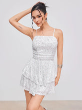 Sequin Square Neck Solid Layered Ruched Mini Dress