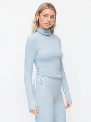 Turtleneck Drawstring Ruched Cropped Top & Mid Rise Leggings Set