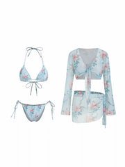 Halter V-neck Floral Tie Side Bikini Swimsuit With Cover Up Set