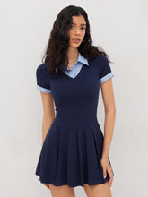 Cotton Collar Stripe Pleated Two Tone Mini Dress