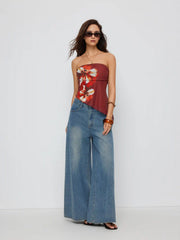 Mesh Floral Ruched Asymmetrical Hem Lettuce Trim Bandeau Top