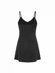Two Pieces Mesh High Neck Shirred Ruffle Hem Mini Dress & Solid Cami Dress