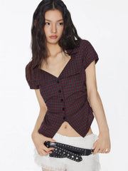 Cotton-blend Tartan Split Gingham Ruched Shirt