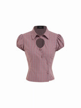 Cotton-blend Gingham Puff Sleeve Cut Out Blouse