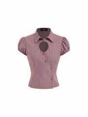 Cotton-blend Gingham Puff Sleeve Cut Out Blouse