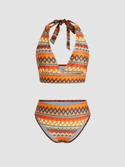 Halter Geometric Striped Bikini Set