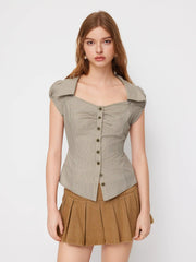 Cotton-blend Collar Stripe Belted Short Sleeve Blouse