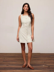Linen-blend Braided Button Back Belt Square Neck Mini Dress