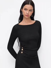 Boat Neck Metal Button Ruched Midi Dress