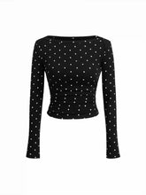 Cotton-blend Polka Dot Boat Neck Long Sleeve Ruched Top
