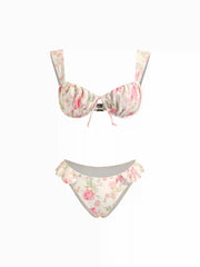 Sweetheart Neck Floral Ruched Underwire Cheeky Bikini Set