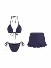 Cotton-blend Halter Neckline Triangle Tie Side Bikini Set With Ruffle Skirt