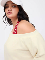 Two Piece Terry Asymmetrical Neck Crop Sweatshirt With Striped Tank Top Curve & Plus
