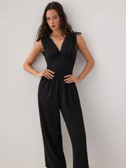 V-neck Lace Trim Ruched Bowknot Mid Rise Wide Leg Jumpsuit