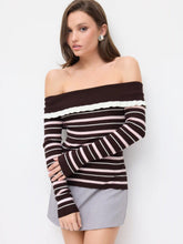 Knit Off-Shoulder Striped Ruffled Top