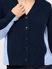 Two Tone Knit V-neck Striped Patched Oversized Cardigan