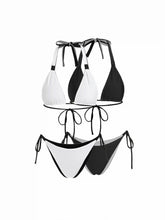 Colorblock Reversible Halter Neck Ruched Tie Side Triangle Bikini Set
