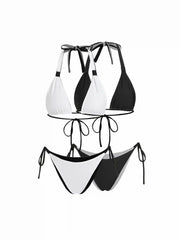 Colorblock Reversible Halter Neck Ruched Tie Side Triangle Bikini Set