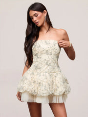 Lace Sculptural Floral Appliqué Strapless Babydoll Mini Dress