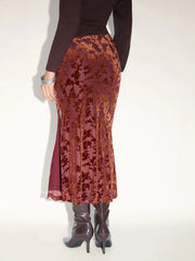 Velvet Floral Elastic Waist Split Mermaid Maxi Skirt