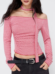 Gingham Off-shoulder Long Sleeve Ruched Asymmetrical Hem Top With Scarf