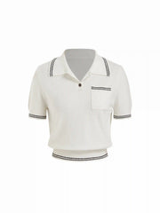Cotton-blend Textured Polo Short Sleeve Top With Contrast Binding
