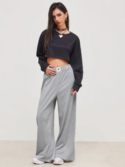 Terry Mid Rise Elastic Waist Wide Leg Trousers