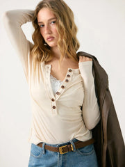 Wool-blend Round Neckline Button Long Sleeve Top