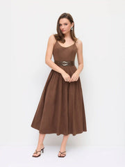 Square Neck Ruched Flared Maxi Dress With Belt