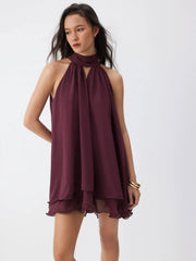 Chiffon Cowl Neck Cut Out Oversized Babydoll Mini Dress
