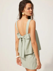 Linen-blend Square Neck Bowknot Top & Mid Rise A-line Mini Skirt Set