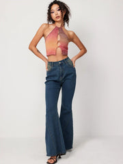 Stretch Denim High Waist Button Flared Jeans