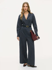 V-neck Striped Wide Leg Jumpsuit With Belt