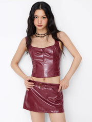 Faux Leather Square Neck Ruched Crop Cami Top