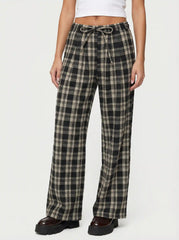 High Rise Elastic Waist Plaid Drawstring Wide Leg Trousers