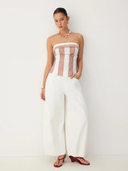 Linen-blend Strapless Geometric Stripe Ruched Top