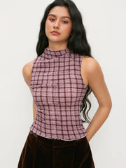 High Stretch Turtleneck Checks Ruched Hem Top