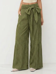 Lace Shirred Bowknot Straight Leg Trousers