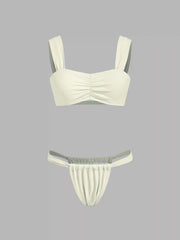 Square Neck Solid Ruched Bracelet Cheeky Bikini Swimsuit